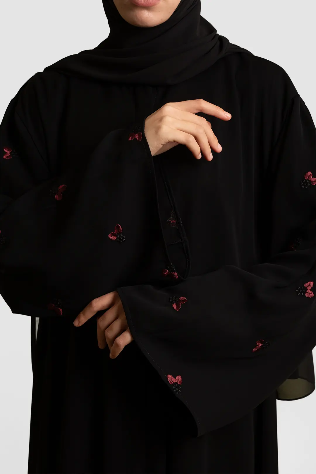Minimal Yaprak Motifli Abaya Takım Bordo