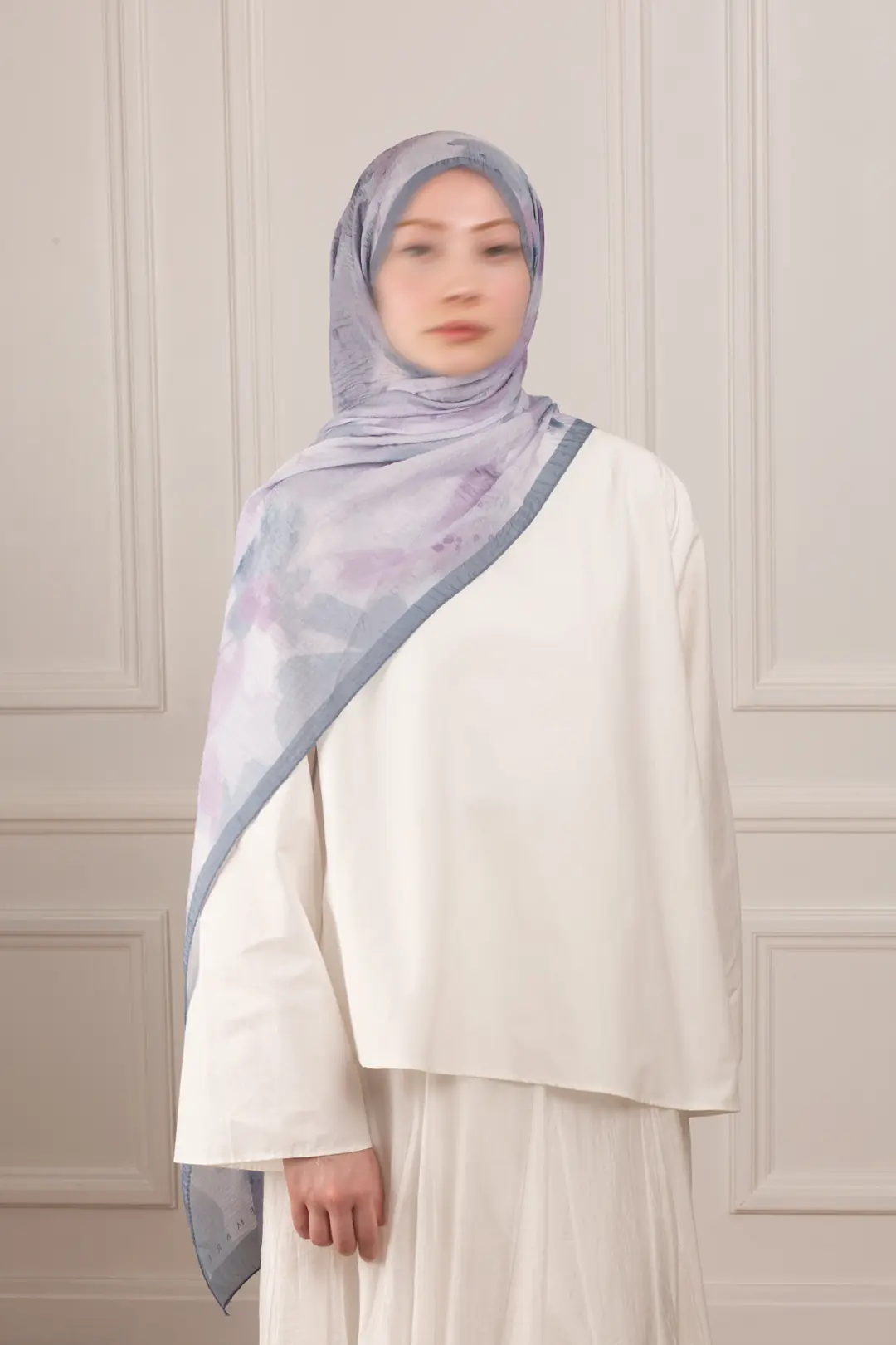 Pastel Bahçe Desenli Müslin Şal Lavanta