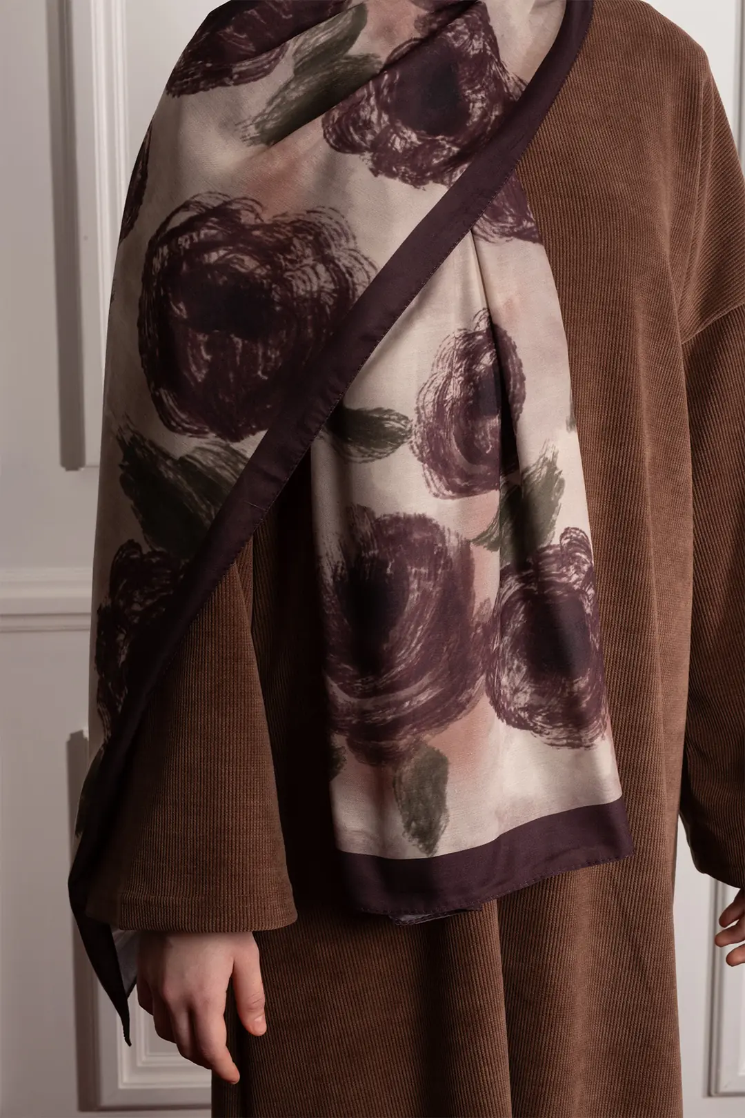 Cloud Roses Patterned Soft Scarf, Coffee 3