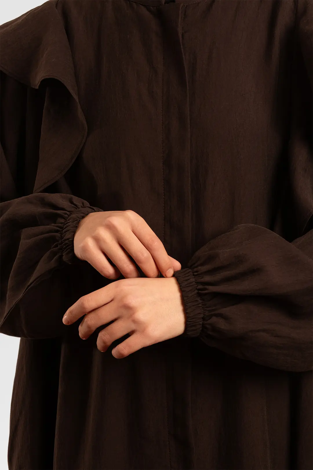 Tencel Abaya with Zipper and Ruffles, Dark Brown 4