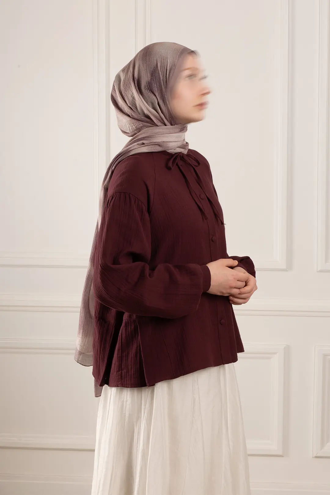 Pile Detaylı Müslin Gömlek Bordo 4