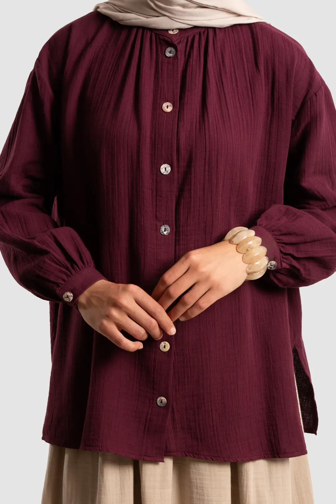 Muslin Shirt with Gathered Detail, Burgundy 2