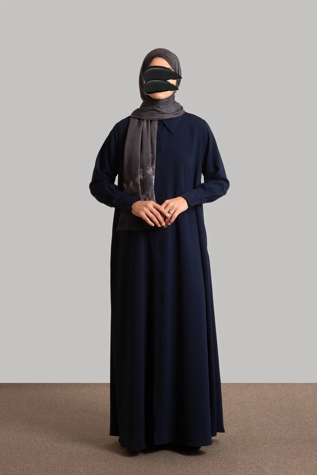 Nazenin Shirt Collar Buttoned Abaya Navy Blue