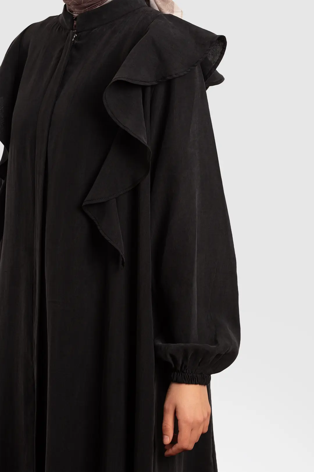 Zippered Ruffled Tencel Abaya, Black 10