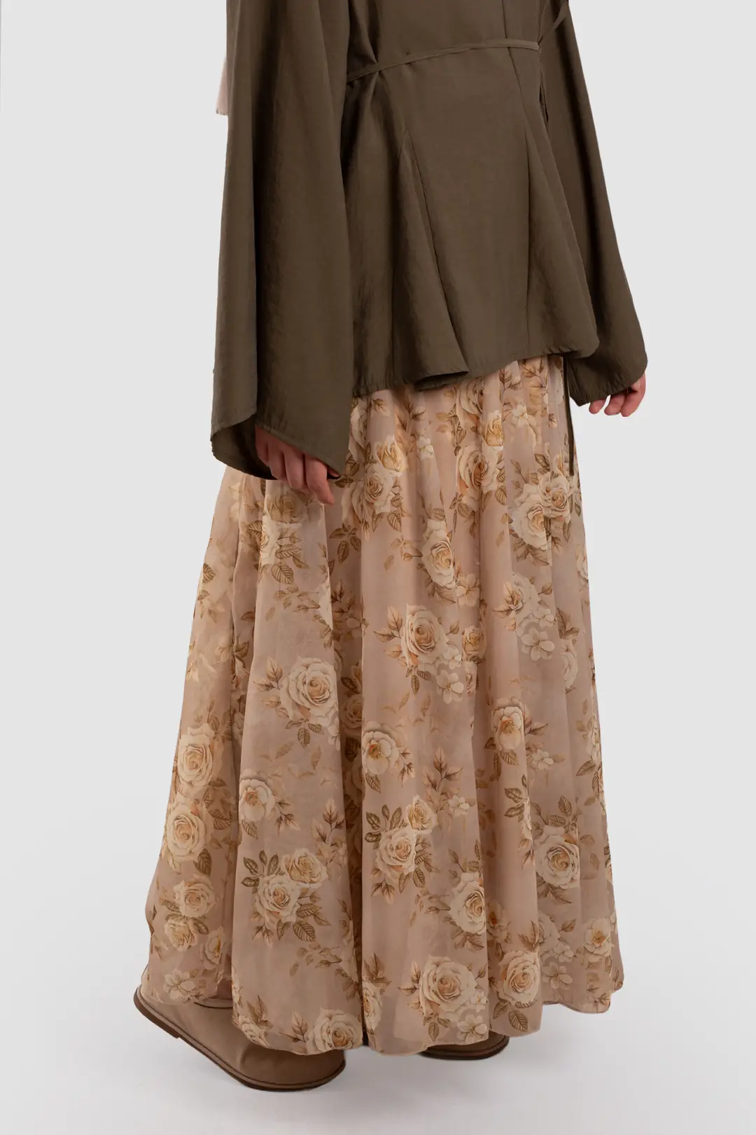 Floral Desenli Şifon Kloş Etek Bej 5
