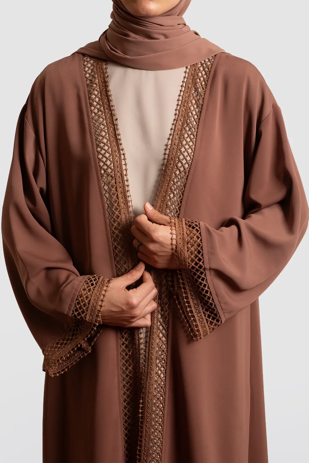 Lace Detail Abaya Set, Light Brown 5