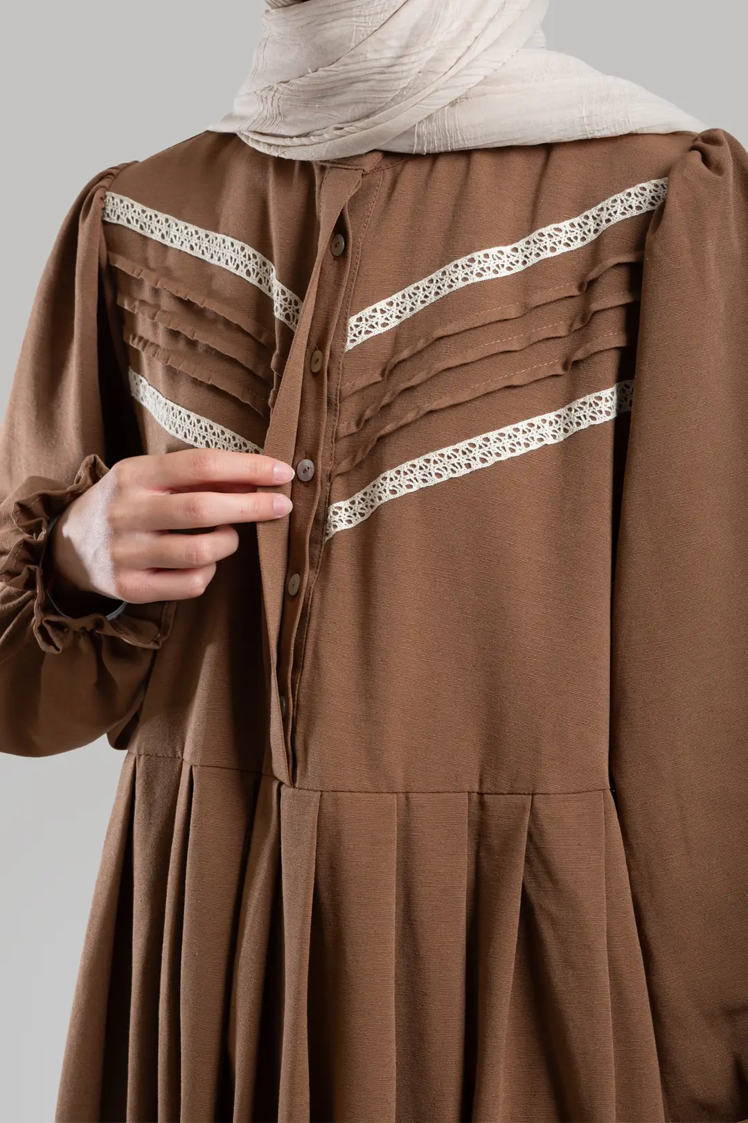 Lace Detail Linen Dress Brown 6