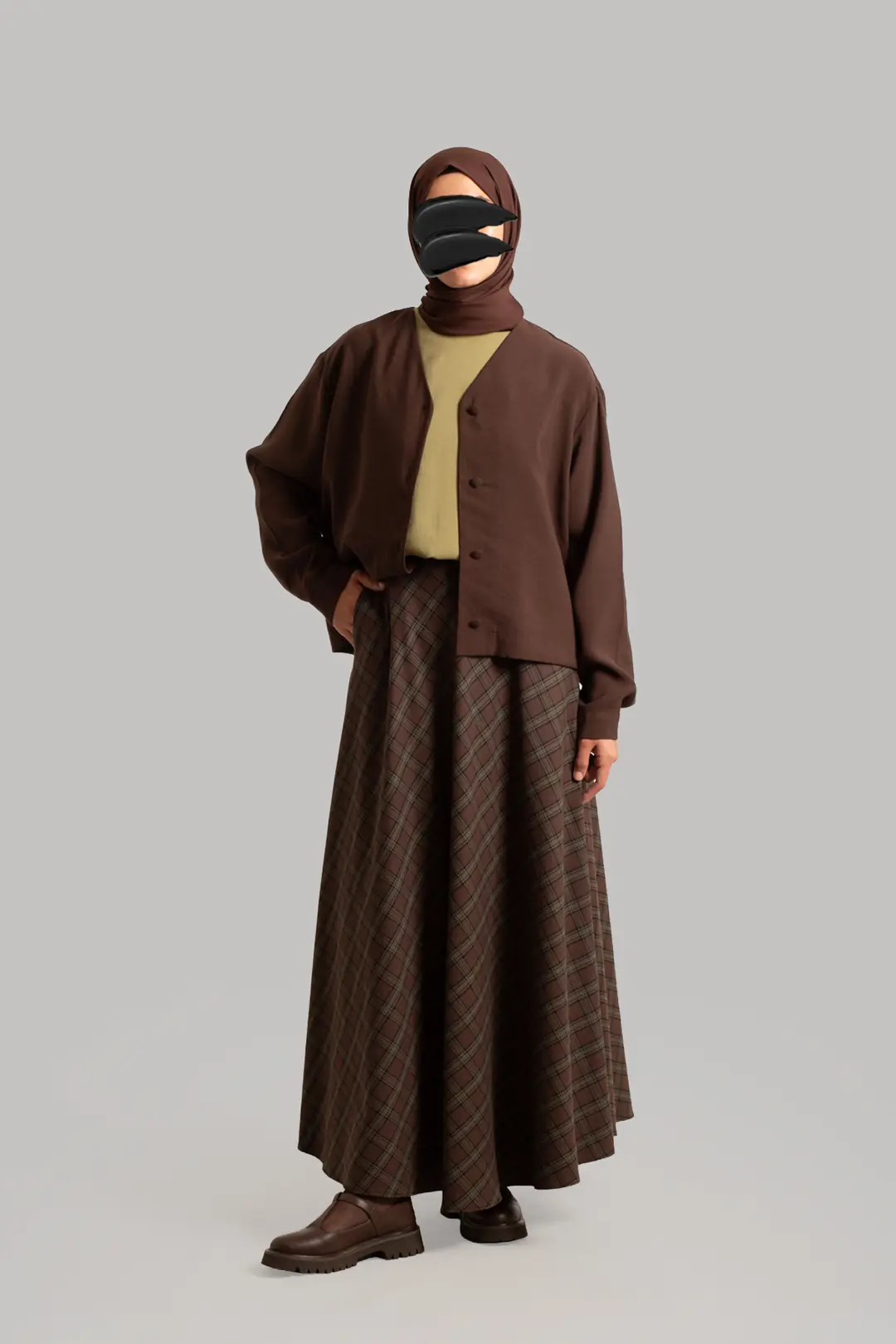 Plaid Cotton Flared Skirt, Brown