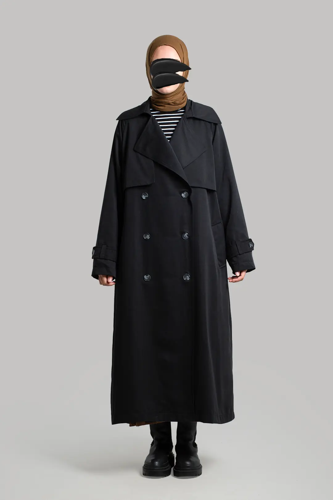 Buttoned Trench Coat, Black