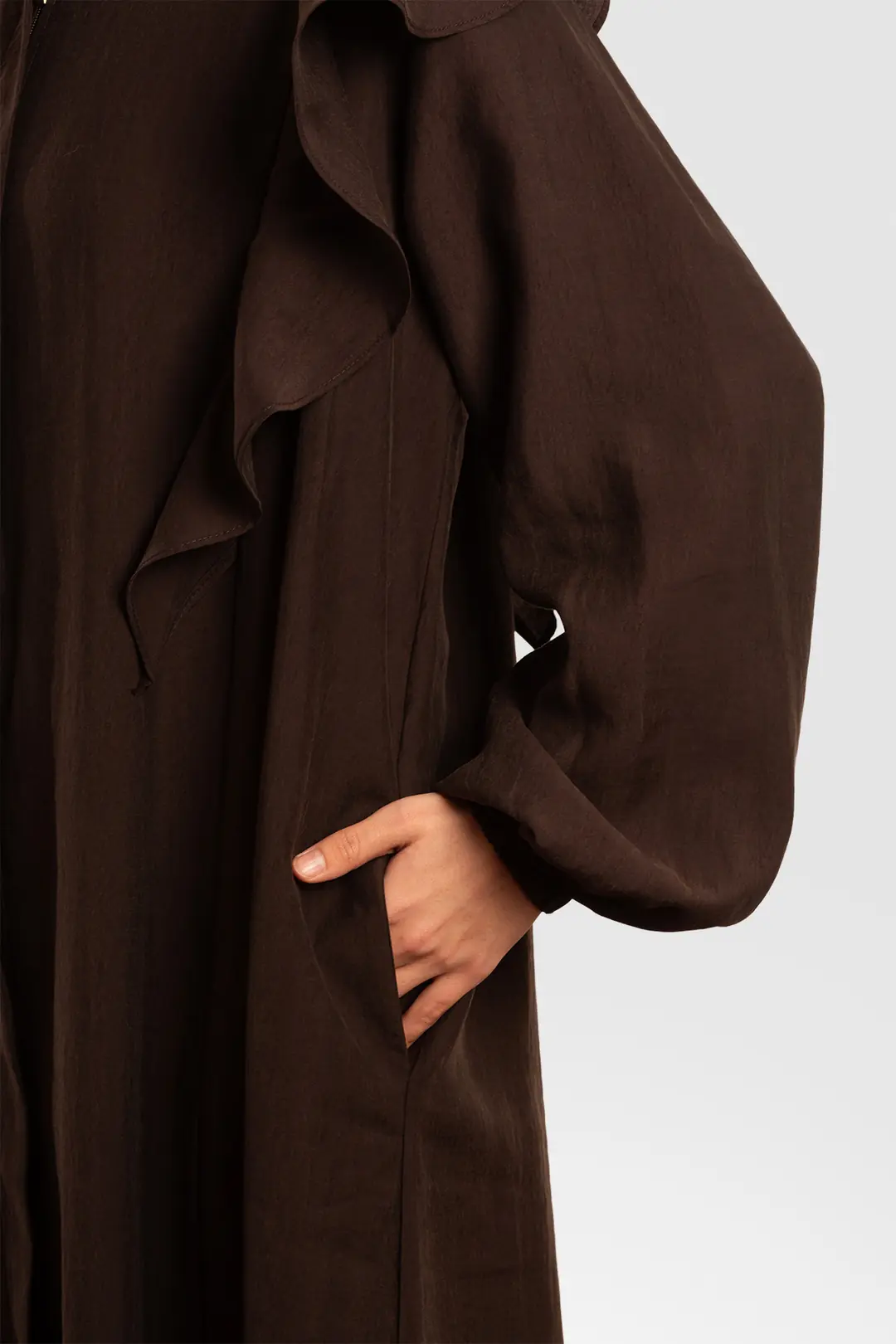Tencel Abaya with Zipper and Ruffles, Dark Brown 3