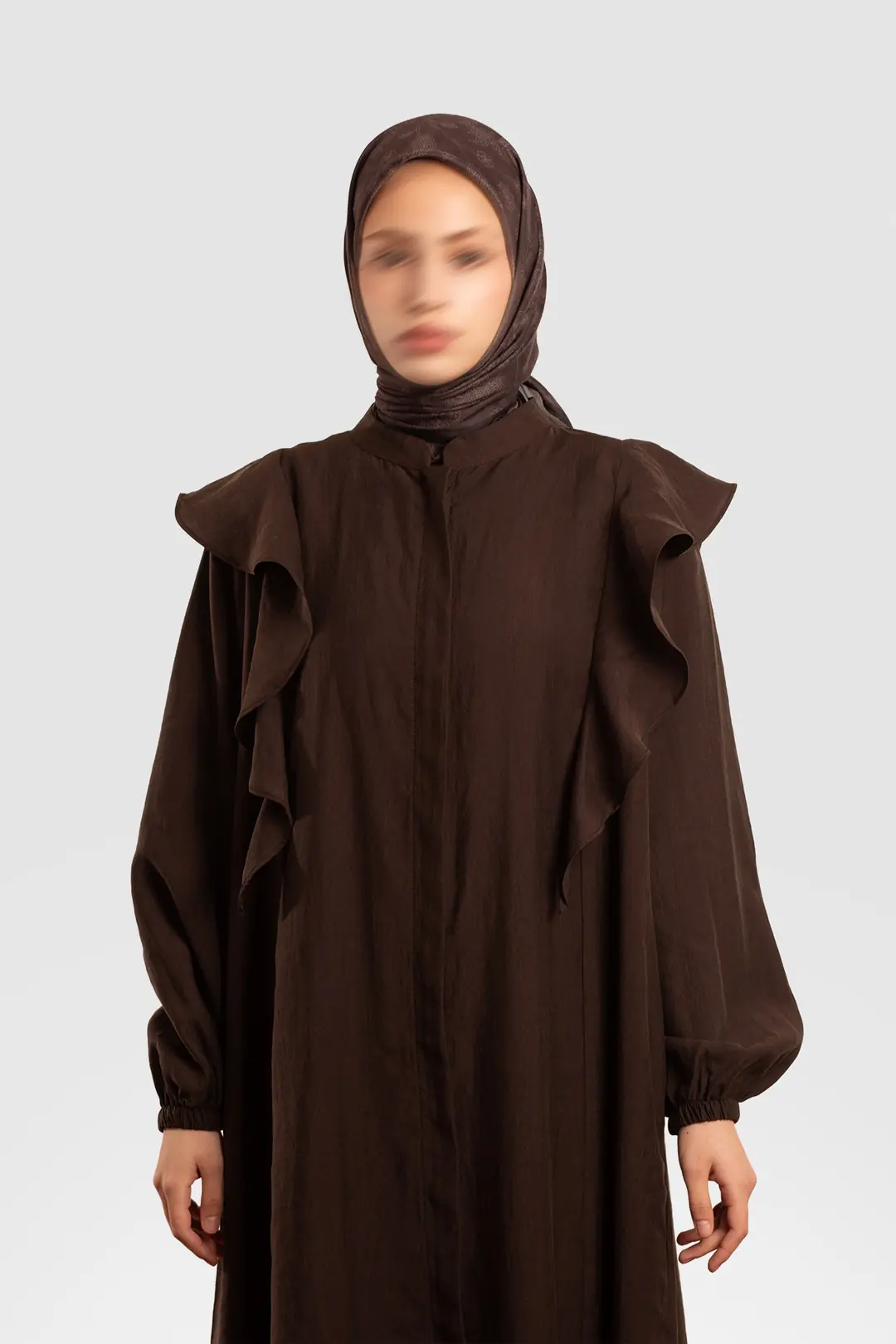 Tencel Abaya with Zipper and Ruffles, Dark Brown 6