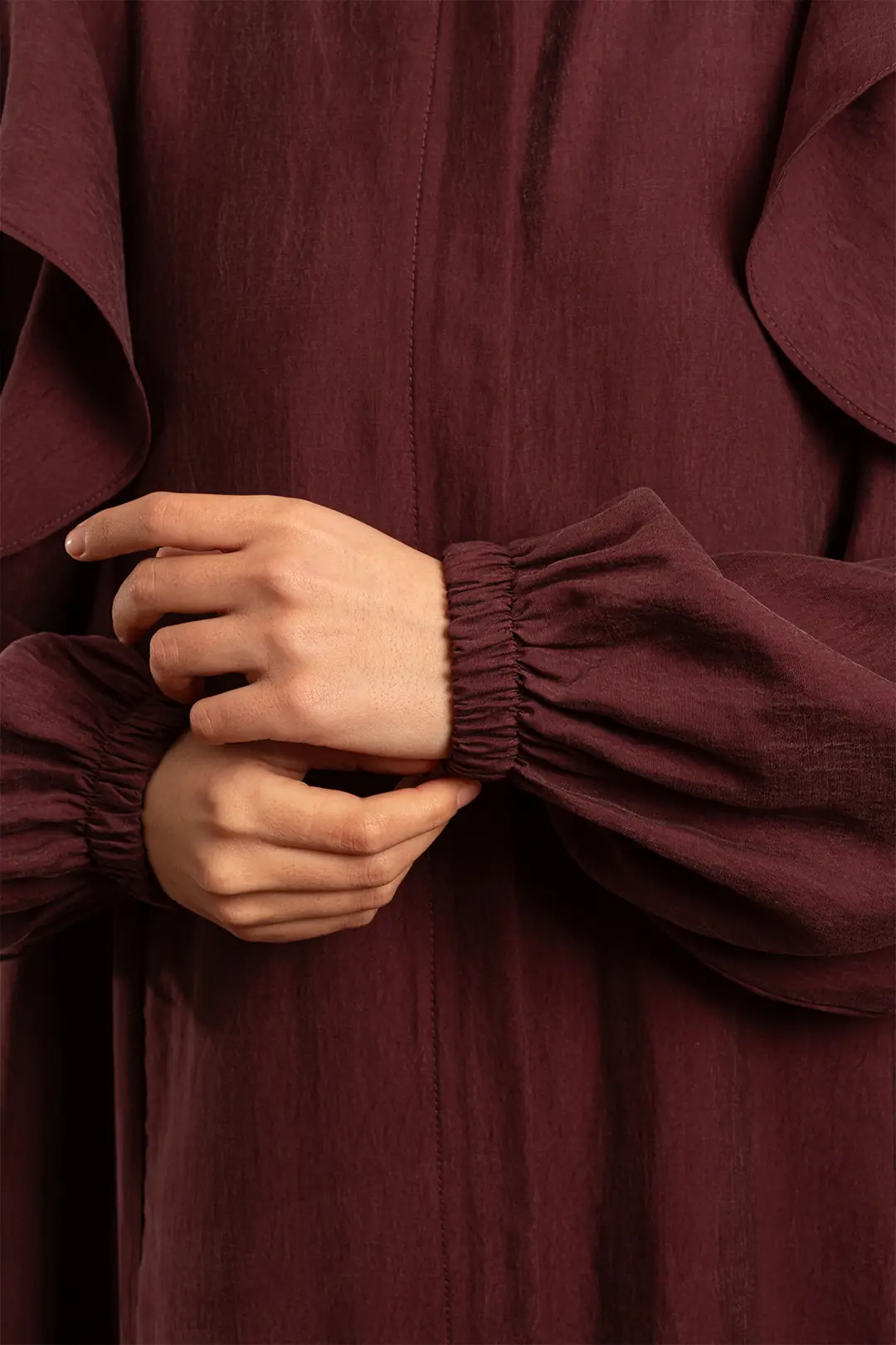 Zippered, Ruffled Tencel Abaya in Plum 10
