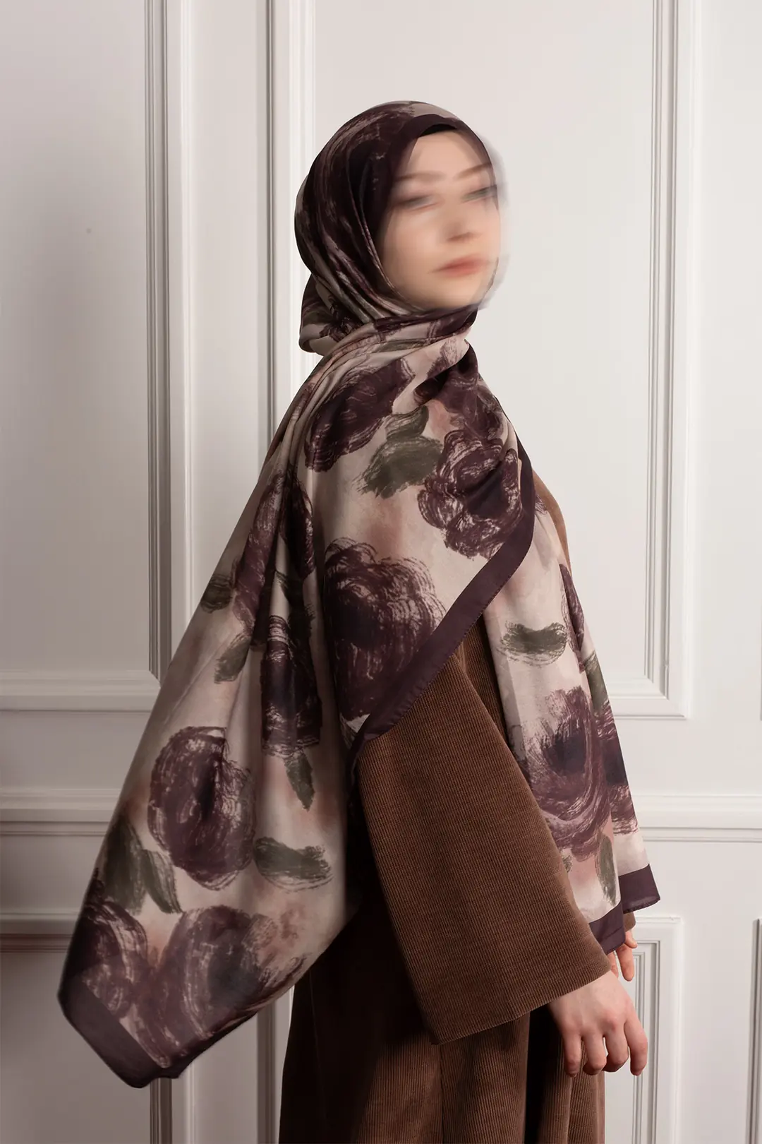 Cloud Roses Patterned Soft Scarf, Coffee 4