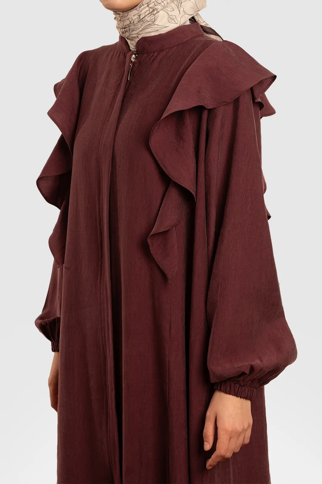 Zippered, Ruffled Tencel Abaya in Plum 6