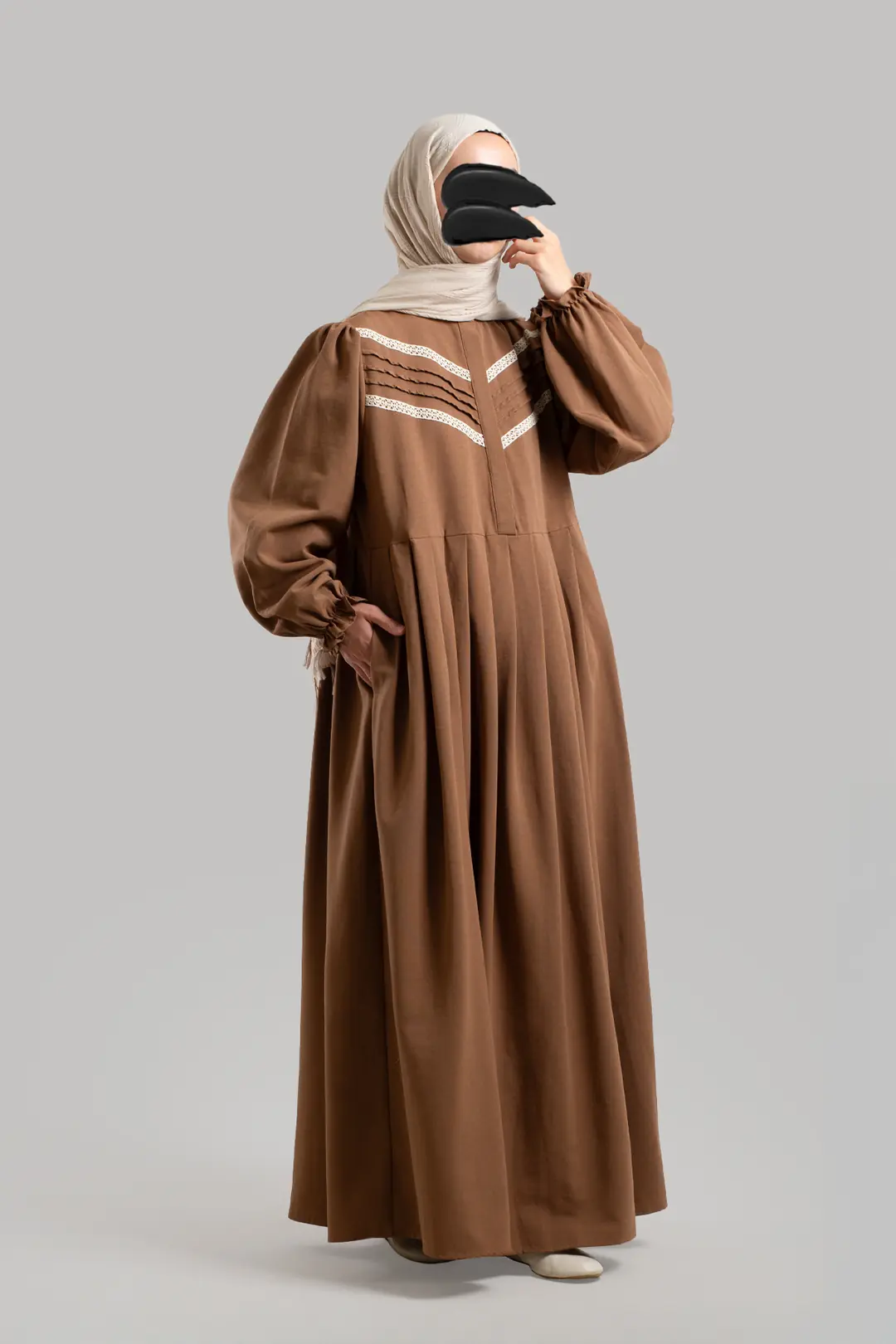 Lace Detail Linen Dress Brown 5