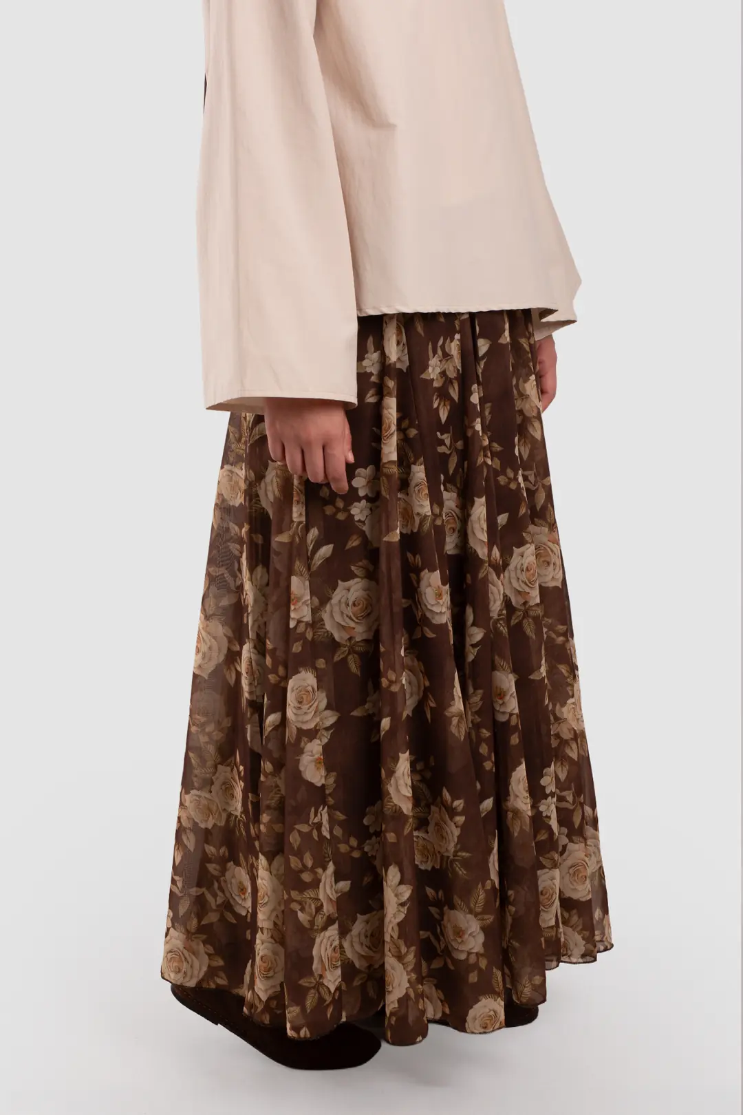 Floral Desenli Şifon Kloş Etek Kahverengi 3
