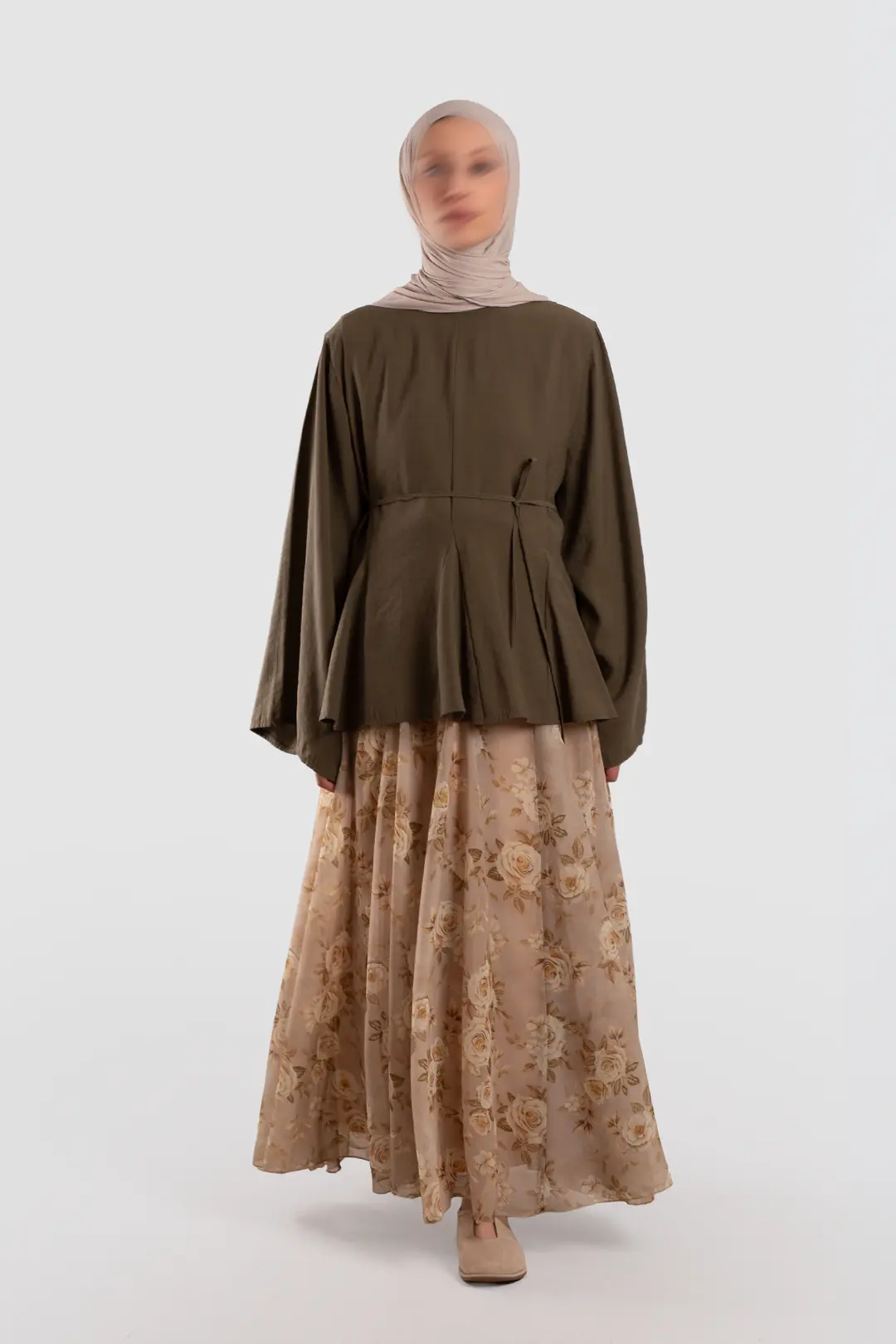 Floral Desenli Şifon Kloş Etek Bej