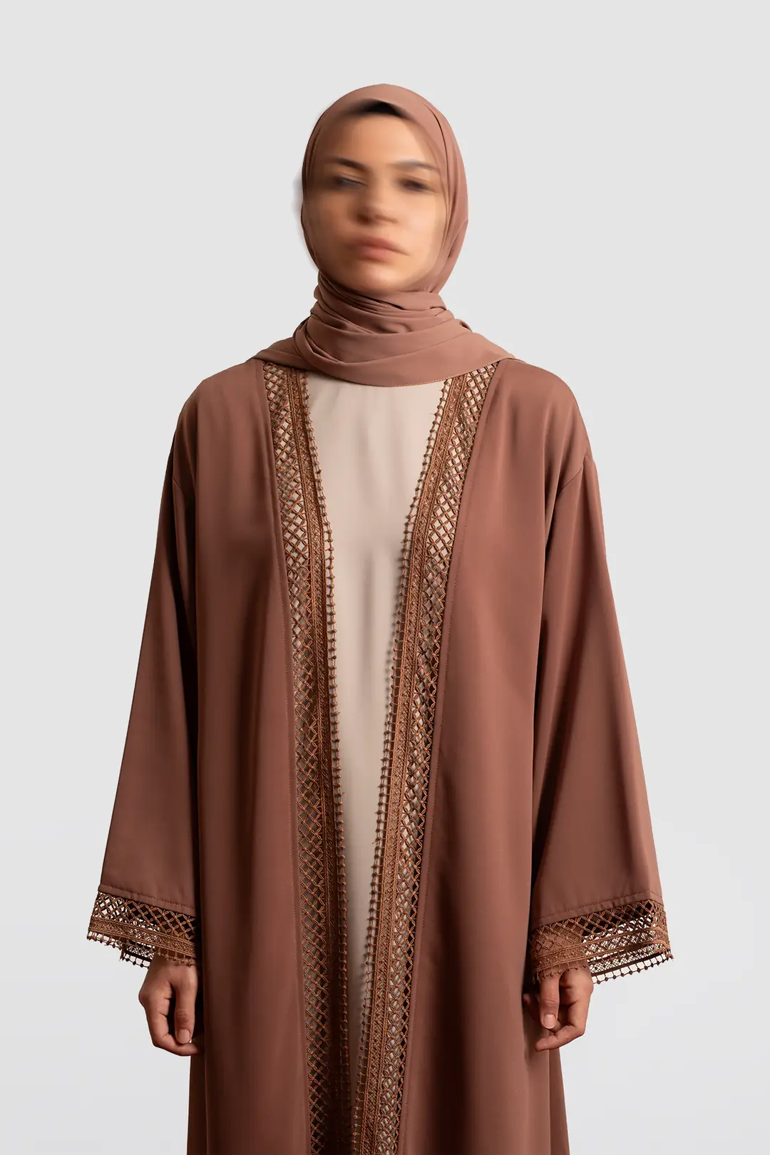 Lace Detail Abaya Set, Light Brown 4