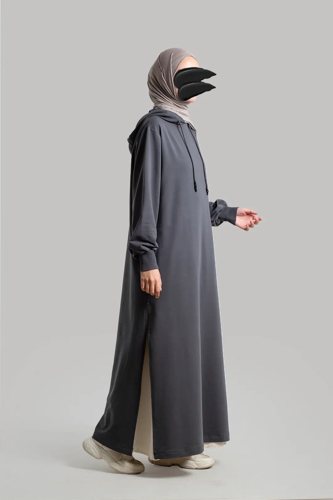 Plain Hooded Cotton Dress, Dark Gray