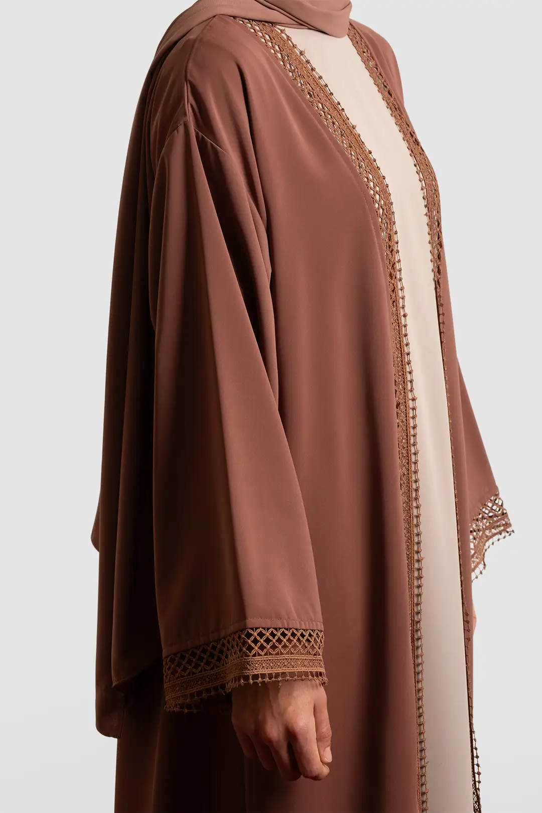 Lace Detail Abaya Set, Light Brown 6