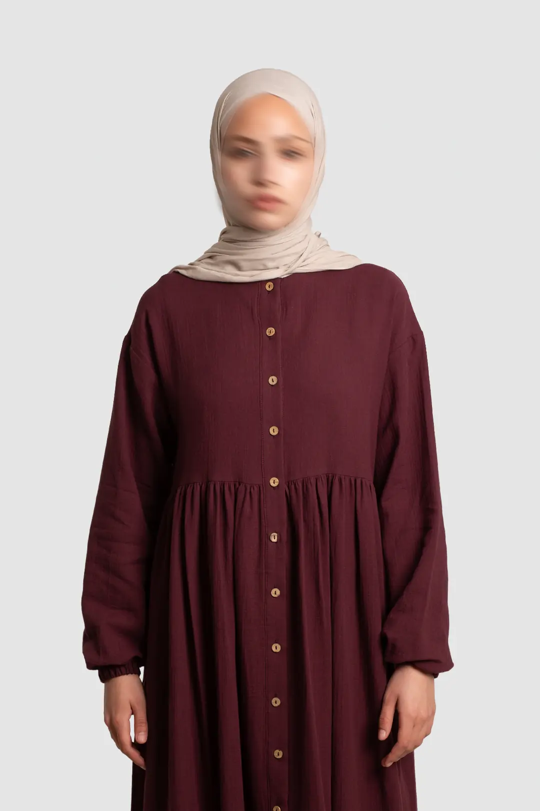 Full-Length Buttoned Muslin Dress, Burgundy 6