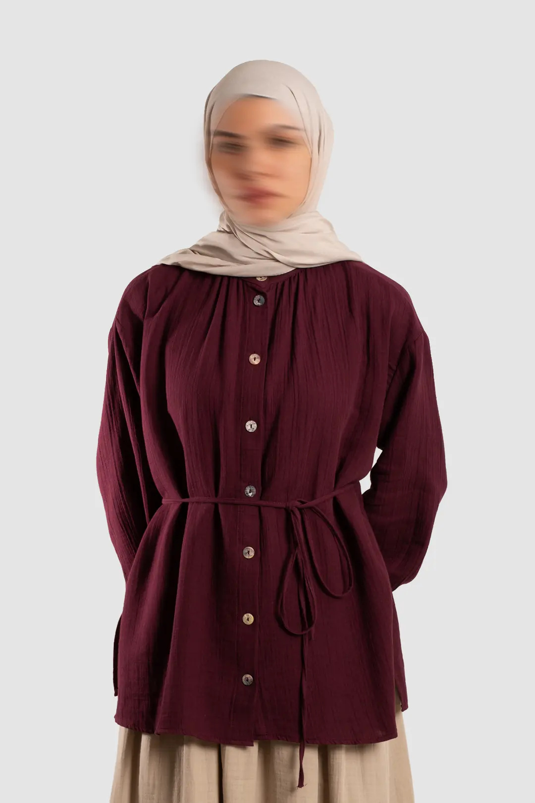 Muslin Shirt with Gathered Detail, Burgundy 3