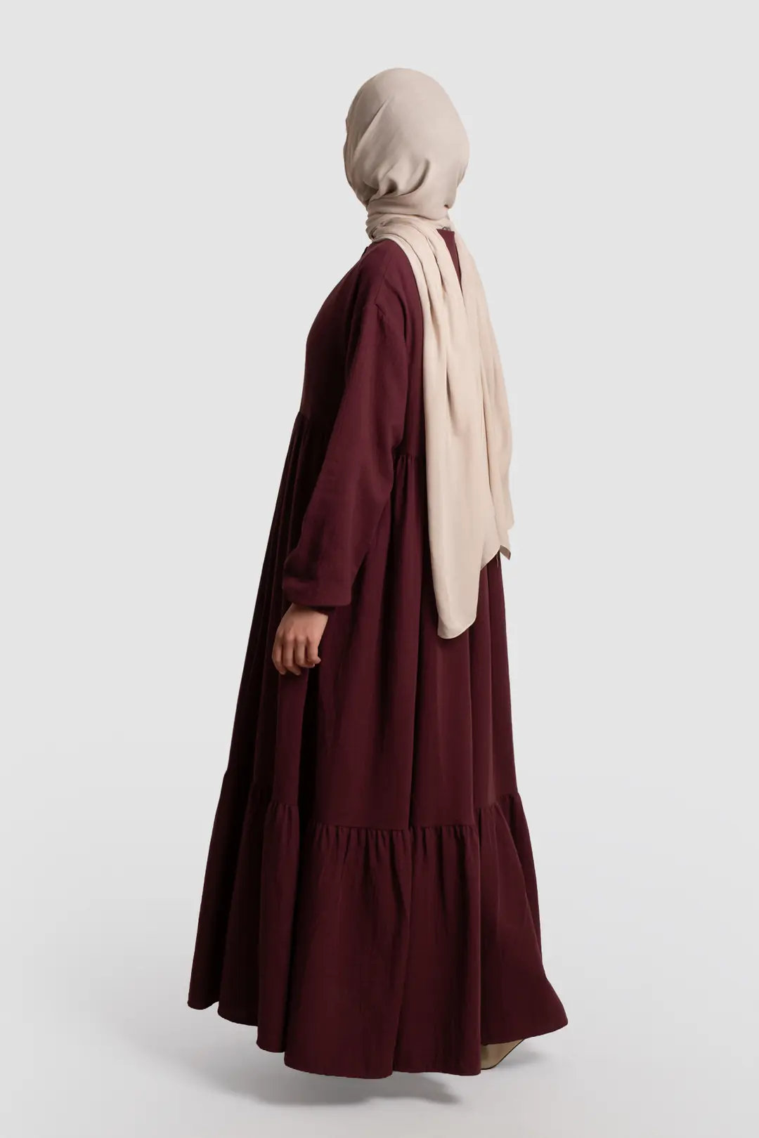 Full-Length Buttoned Muslin Dress, Burgundy 5