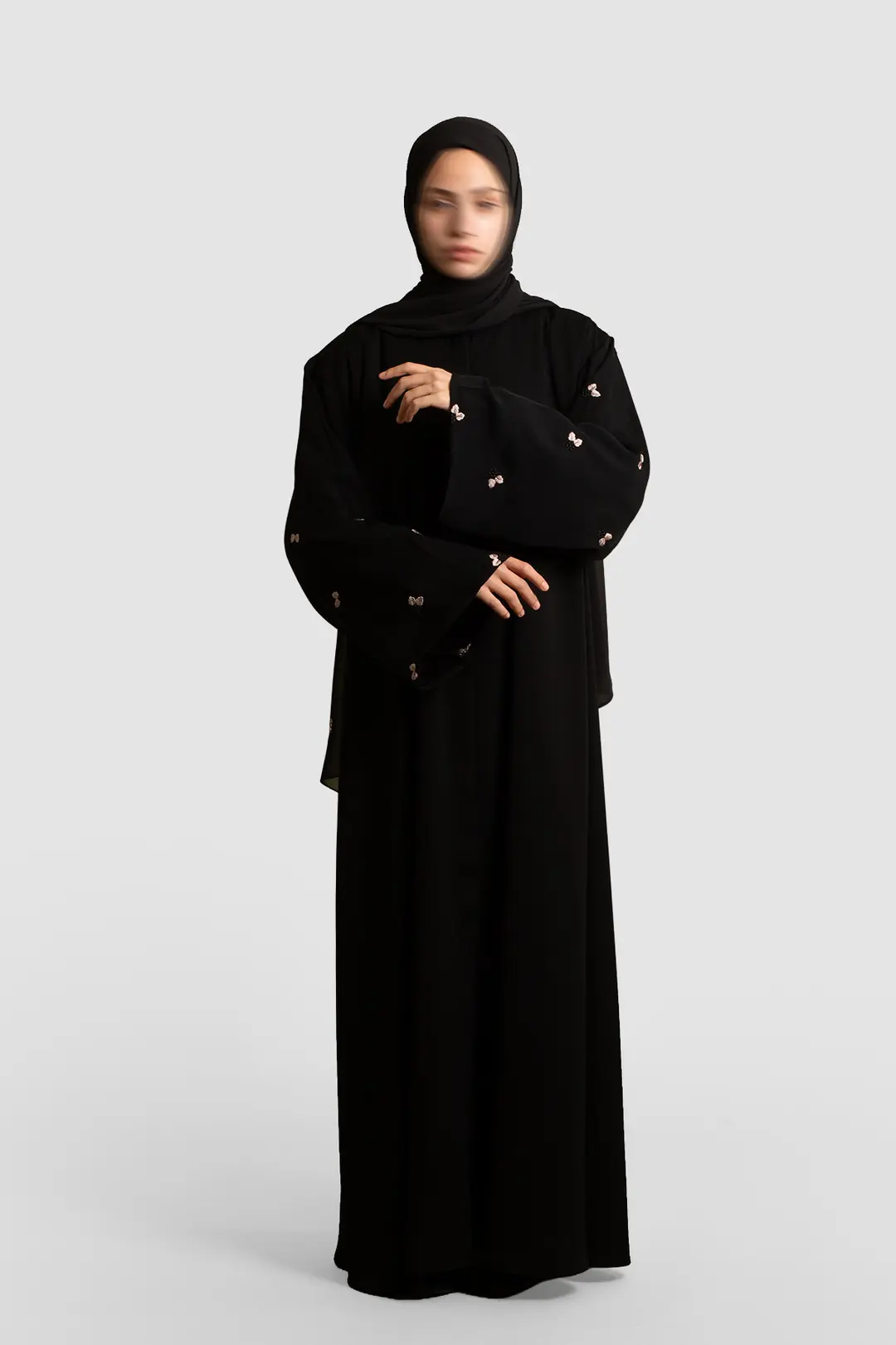 Minimal Yaprak Motifli Abaya Takım Bej