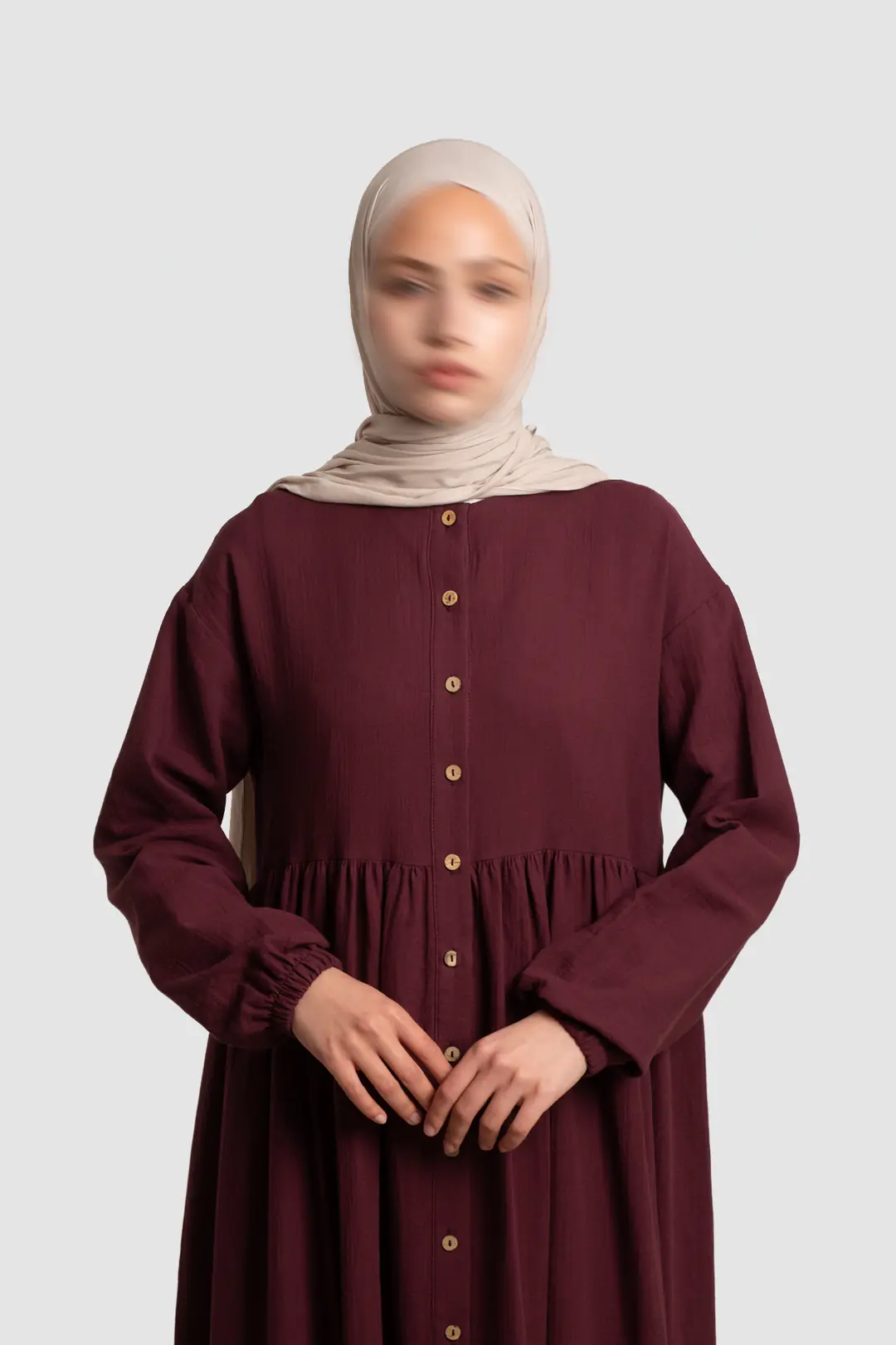 Full-Length Buttoned Muslin Dress, Burgundy 7