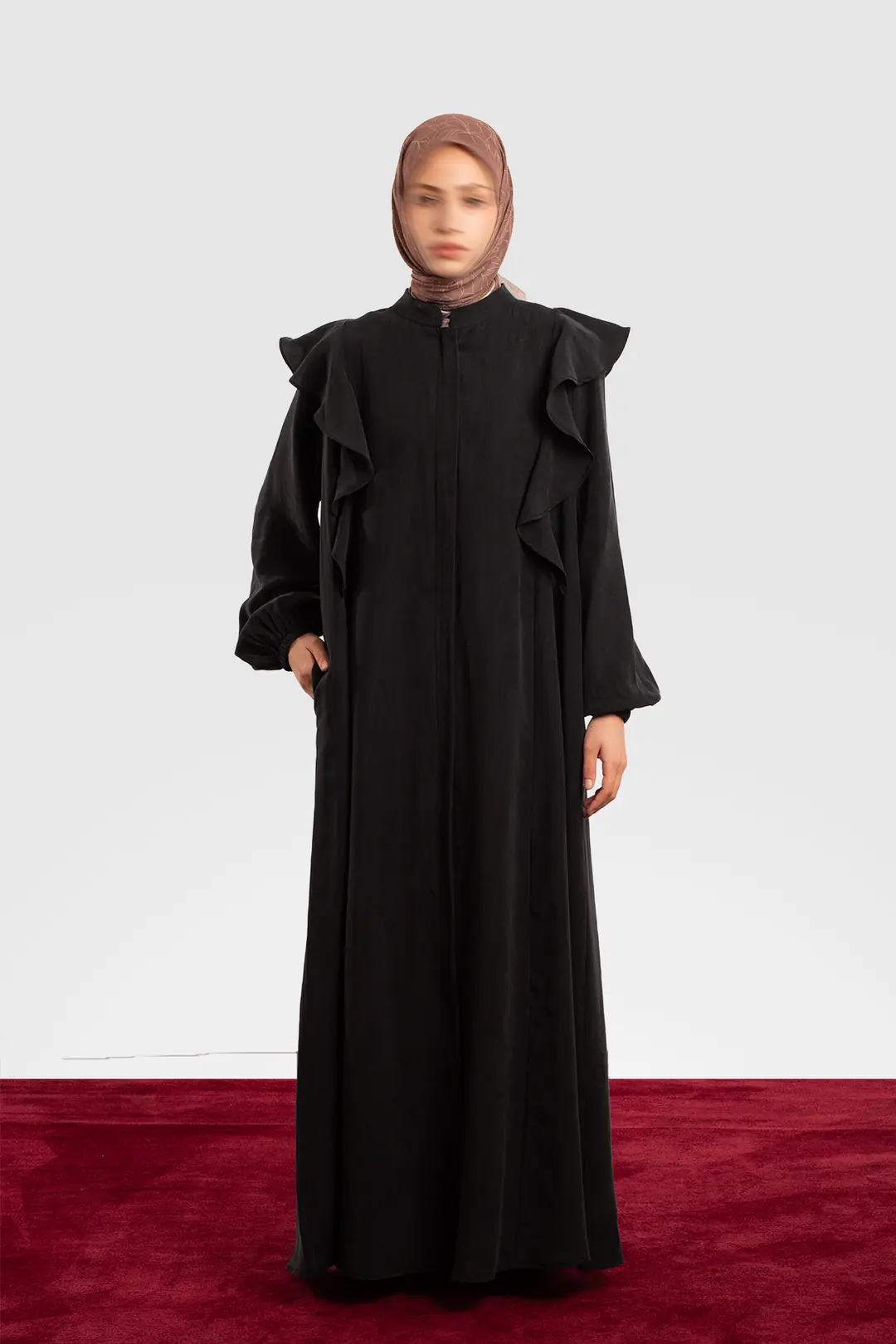 Zippered Ruffled Tencel Abaya, Black 3