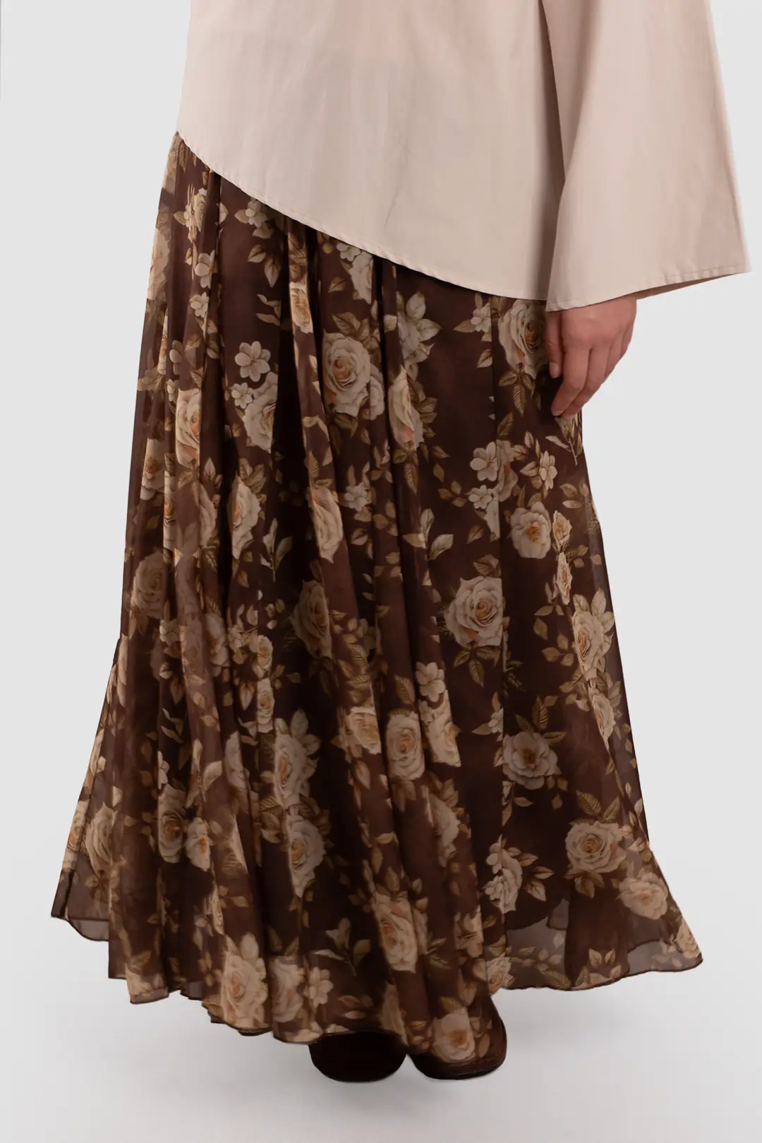 Floral Desenli Şifon Kloş Etek Kahverengi
