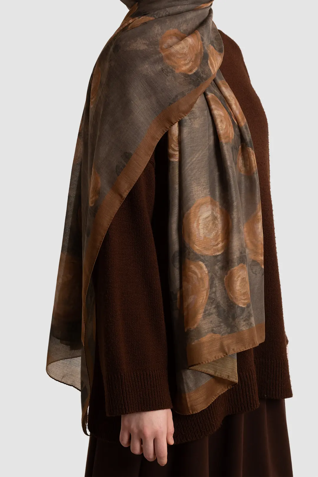 Antique Rose Patterned Cotton Scarf, Khaki 7