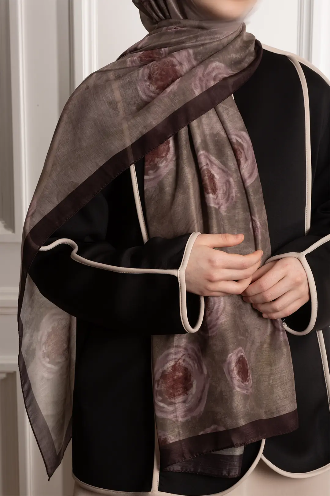Antique Rose Patterned Cotton Scarf, Light Brown 3