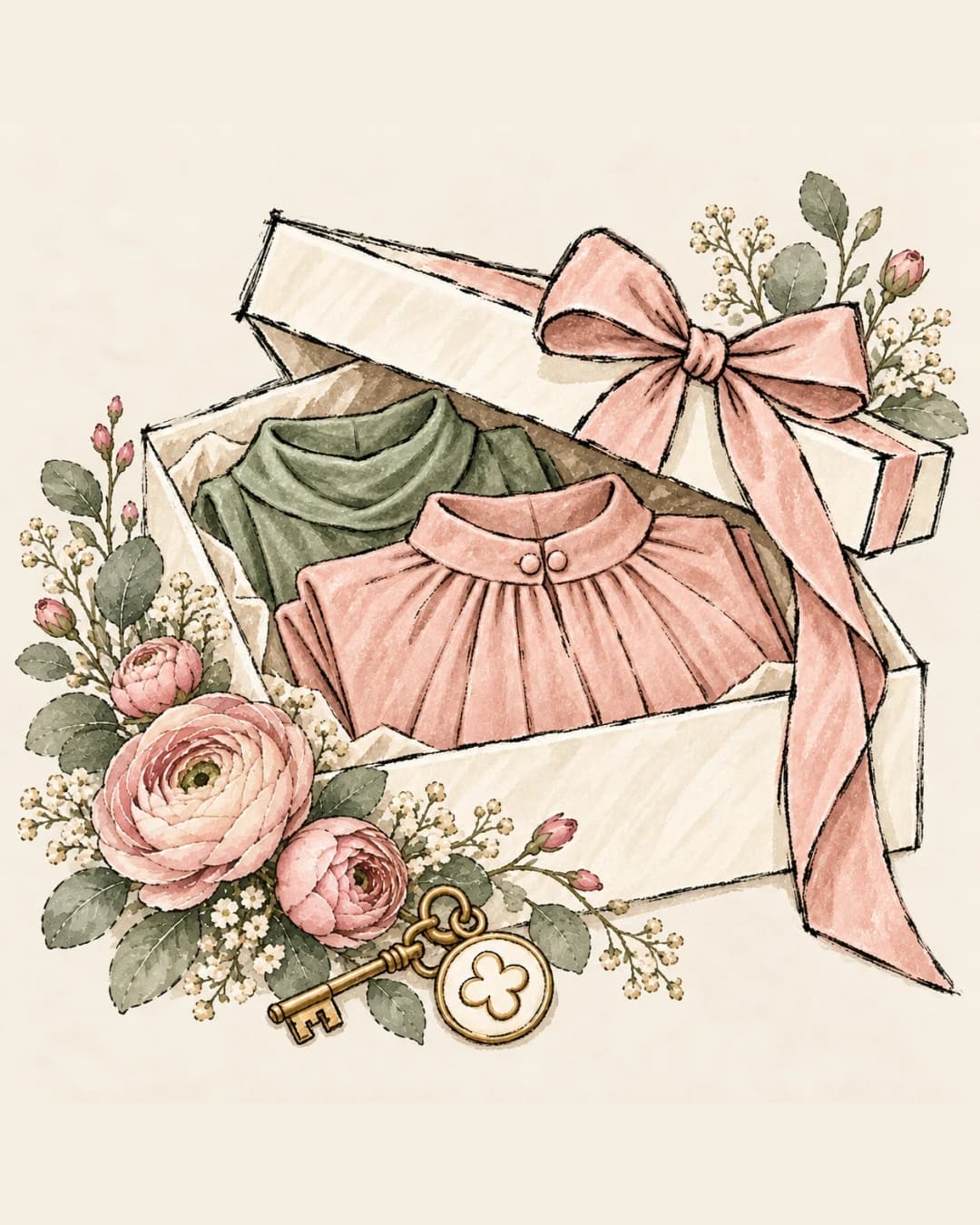 Ribboned Lemaye box with folded clothes inside